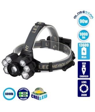 GLOBOSTAR® HEADLAMP 79061 Φακός Κεφαλής LED 30W 3000lm 15~60° DC 5V με USB-C με Επαναφορτιζόμενη Μπαταρία Li-ion 3.7V 2x18650 6000mAh Αδιάβροχο IP54 Ψυχρό Λευκό 6000K - CREE XML2-T6 Chip - Μ9.5 x Π5 x Υ5cm - 2 Χρόνια Εγγύηση